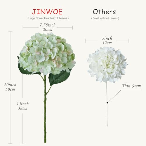 JINWOE Light Green Silk Hydrangea Artificial Flowers, 4PCS 21" Large Lifelike Faux Silk Flowers, Full Artificial Hydrangeas for Bouquet Table Centerpieces Indoor Spring Outdoor Home - color: Green