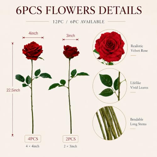 6 Stems Real Touch Artificial Roses, 22.5in Long Stem Faux Silk Rose Bouquet with 4in Blooms and 3in Buds, Red Fake Roses for Wedding Bouquets, Centerpieces, Vase and Home Decor - color: Red