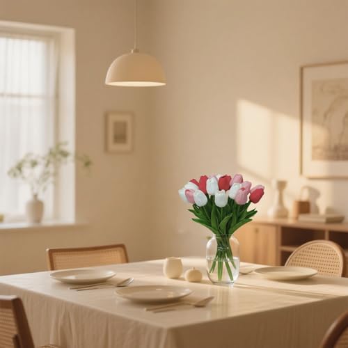 20pcs White and Red Fake Tulips Artificial Flowers Faux Flowers PU 13 Inch Mother's Day Easter Day Gifts in Home Kitchen Spring Decorations For Home - color: White and Red