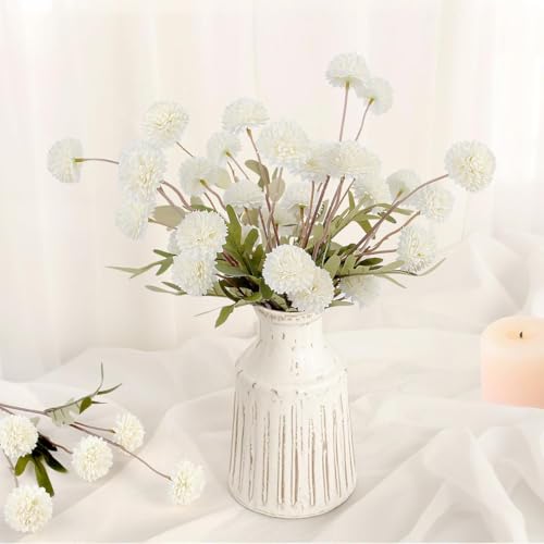 Faux Pompon Mum Flowers - 14pcs Realistic Artificial Chrysanthemum Flower, Beige Silk Fake Kiku Blooms Flower Bulk with Eucalyptus Stems for Home Decor, Wedding Centerpieces, Floral Arrangements