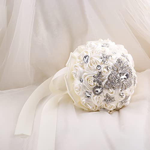 Handmade Brooch Wedding Flowers Bridal Bouquets Crystal Bride Holding Bouquet White Ivory Satin Roses with Diamond Pearl Ribbon (Luxury-White) - color: White