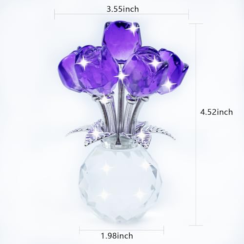 TWINKLING Crystal Roses Figurine with Round Vase, Glass Rose Crystal Flowers Bouquet, Birthday, Anniversary,Wedding, Home Décor,Silver Leaf (Purple) - color: Purple(silver Leaf)