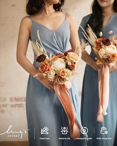Ling's moment Artificial Bridesmaid Bouquets Set of 4,Brown Wedding Flower Bouquets Terracotta Floral Bouquet Rust Bridal Bouquets with Ribbon,Ceremony,Anniversary,7-inch Diameter - color: Or-rust Boho & Terracotta