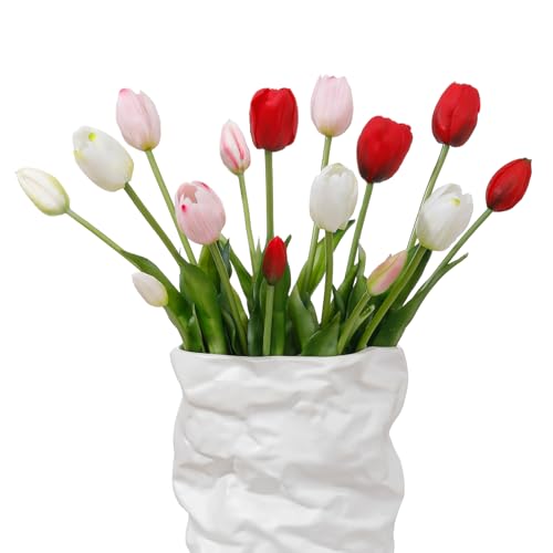 15 Pcs White-Light Pink-Red Artificial Tulips Fake Flowers, Premium Latex Lifelike Texture, UV Resistant Waterproof Faux Tulip Bouquets with Snap-on Petals for Outdoor, Home, Wedding Decor - color: White-light Pink-red