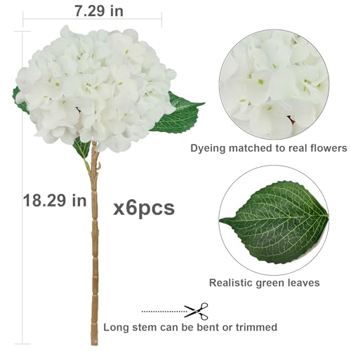 6PCS White Hydrangea Artificial Flowers, Bulk Silk Fake Flower with Stems, Faux Hydrangeas Bouquets for Home Décor, Wedding, Party, and Office Table Centerpieces. - color: White