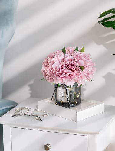 BLOSMON Pink Artificial Flowers in Vase: Fake Hydrangea with Gray Vase LED Light for Table Centerpieces Decor - Small Faux Arrangements Desk Vanity Bathroom Office Decoration (8.2" Height) - color: Pink