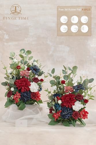 TINGE TIME Free-Standing Artificial Flower, Set of 2, Table Centerpiece with Rubber Pad, Silk Fake Flower for Wedding Centerpiece Archway Aisle Welcome Entrance (Red&NavyBlue) - color: Red&navyblue