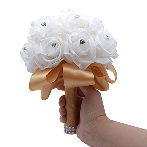 MOJUN Wedding Bouquets Crystal PE Roses Bridal Bridesmaid Wedding Hand Holding Bouquet Artificial Fake Flowers Toss Bouquet, Khaki - color: Khaki