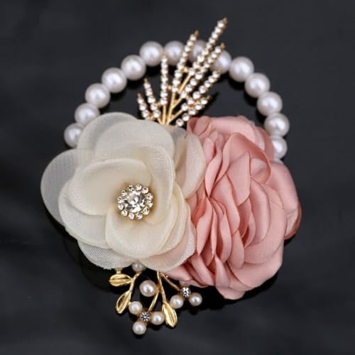 Satin Rose Corsage and Boutonniere Set for Bride Groom Bridesmaids Groomsmen Wedding Homecoming Flowers Prom Party Suit Accessories (Pink) - color: Pink
