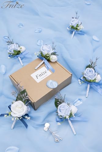 Fnize Blue Boutonniere for Men, 6 Pcs Groom Groomsmen Boutonnieres, Artificial Flowers for Wedding Prom Homecoming - color: Blue