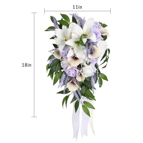 Wedding Bouquet,11 Inch Bridal Bouquet Cascading Wedding Bouquets for Bride for Wedding Ceremony and Anniversary(Lilac & White) - color: Lilac & White