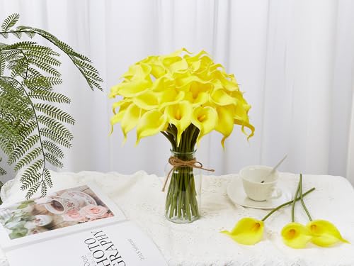 24 Pcs Yellow Artificial Calla Lily Flowers Fake Yellow Silk Flowers Real Touch for Wedding Bouquet Office Home Kitchen Decor - color: Yellow