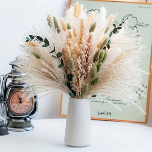 Spring White Dried Flower Bouquet with Pampas Grass – Soft Neutral Floral Arrangement for Home, Wedding Tables and Events 17 Inch (Pure White) - color: Pure White