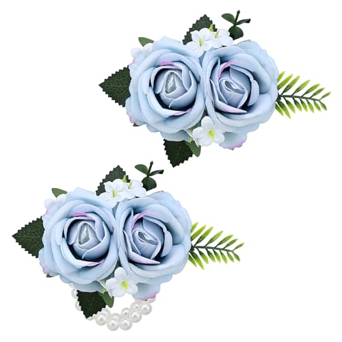 2PCS Light Blue Rose Wrist Corsage Wristlet Band and Men Boutonniere Set, for Wedding Anniversary Artificial Flowers Accessories Prom Party Suit Decorations - color: Light Blue