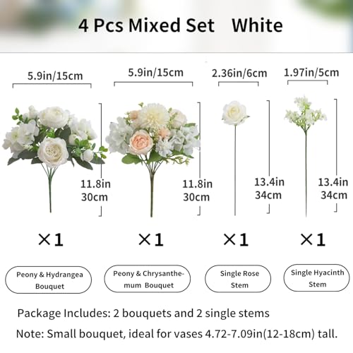 4 Pcs Mixed Artificial Peony Flowers Set-2 Bouquets & 2 Stems, Small White Fake Peony Rose Hydrangea Flower for Vase Silk Floral Arrangements for Table Centerpiece Wedding Home Party Bridal Decoration - color: White, size: Mixed 4pcs
