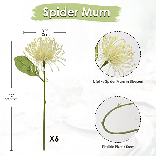 Briful 6PCS Artificial Chrysanthemum Spring Flowers 4'' Fake Pincushion Flower Large Spider Mums Flowers for Home Vase Décor Centerpiece Wedding Bouquet (Green White) - color: Cream