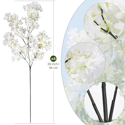 4PCS 38inch Lilac Artificial Flowers White Fake Delphinium Long Stem Silk Real Touch Flower Faux Lilac Floral Arrangement for Tall Vase Table Centerpieces Wedding Garden Home Decoration(White) - color: 38inch White