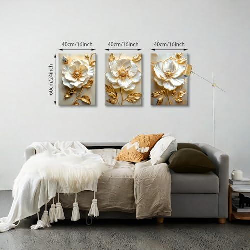 Modern White Floral Golden Leaves Canvas Wall Art Set, Neutral 3d Textured Flowers Wall Painting Pictures Boho Beige Blossom Wall Decor Posters Print Artwork for Bedroom Living Room Office 16x24x3Pcs - color: Flower-golden leaf, size: 16"x24"x3Pcs