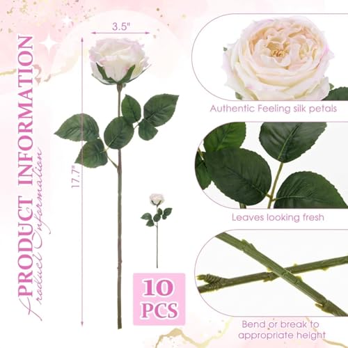 Daifunli 10pcs Real Lifelike Peonies Artificial Flowers, Faux Austin Rose with Long Stem Look Real Fake Flower for Christmas Valentines Arrangement Wedding Party Home Kitchen Decor(Flesh Pink) - color: Flesh Pink