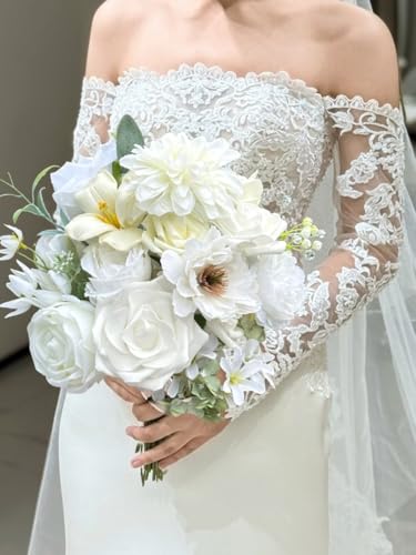 White Artificial Flowers Box Set Wedding Silk Fake Flowers for DIY Bouquets Table Centerpieces Garland Wreaths Baby Shower Party - color: Vibrant Ivory White