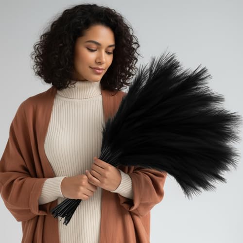 Suncalla 72 Pcs Black Pampas Grass Decor 21.7 Inches Faux Tall Pampas Grass Bulk Artificial Dried Flowers Black Feathers for Vase Filler Home Boho Decor Halloween Wedding Party Gothic Bathroom Wall - color: Black