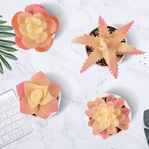 VIVERIE Mini Orange Artificial Succulent in Pots (White Ceramic, 4 Pot Set) Fake Plants for Indoors, Office Home Halloween/Christmas Decor Gifts-Faux Plant Gifts for Women - color: Orange