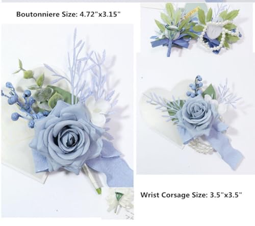 Corsage and Boutonniere Set, Light Blue Rose Wrist Corsage Wristlet Band Bracelet and Groomsmen Groom Men Boutonniere Set for Wedding Flower Accessories Prom Suit Decorations - color: Light Blue