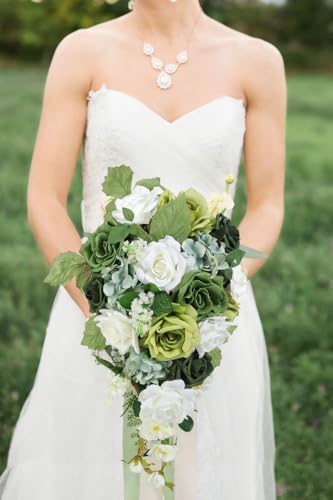 Serwalin 9.8 Inch Wedding Bouquets for Bride Bridesmaid, Spring Green Rose Bridal Bouquets for Bride, Wedding Flowers Bouquet Tossing Bouquet, Ceremony and Anniversary Decor - color: A Spring Green