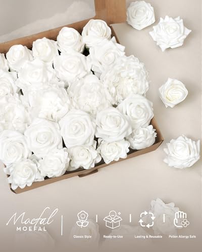 23pcs White Artificial Flowers Combo Box - Lifelike Premium Foam Peonies, Roses & Gardenias with Stems - DIY Wedding Bouquets, Centerpieces, Bridal Shower Decor & Bulk Fake Flowers - color: White