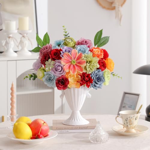 Garisey Artificial Flowers Combo, Mix Silk Flowers Roses, Peonies, Dahlias with Stems for DIY Wedding Bridal Bouquet, Baby Shower, Table Centerpiece, Home Decor, Fake Floral Arrangements-Rainbow Color - color: Rainbow Colorful