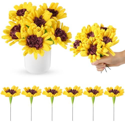 Ctosree 6 Pcs Sunflower Artificial Yellow Crepe Paper Flowers Bunch with Stems Mexican Fiesta Assorted Paper Flowers Fiesta Centerpieces for Birthday Party Cinco De Mayo Party Decor - color: Sunflower
