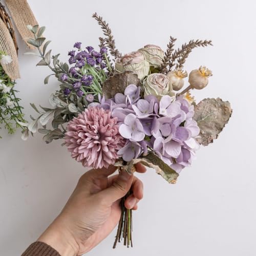 13-inch Small Artificial Fake Flowers for Table Arrangements, Silk Faux Bouquets with Three Roasted Edge Roses, Hydrangeas, Globeflower, babysbreaths, Ideal for the Kitchen or Bedroom. - color: Lavender