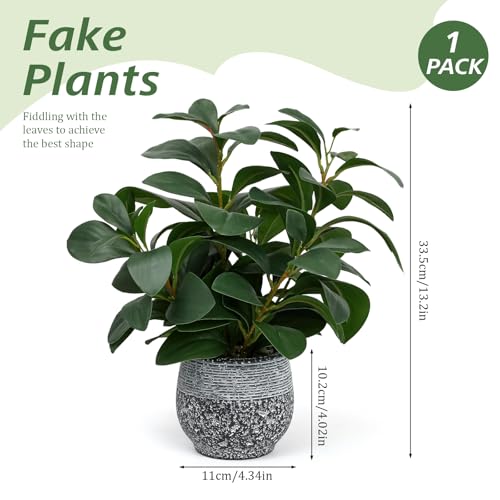 SHOHAYTO Artificial Plants for Home Decor - 13.2 Inch Fake Ficus Tree in Cement Planter, Real Looking Potted Faux Plants for Office Desk, Kitchen Shelf, Bookshelf & Indoor Decor - color: Green Artificial Plants