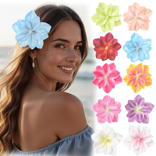 10 PCS Hawaiian Flower Hair Clips for Women Curved Edge Flower Hibiscus Hair Barrettes Hawaiian Artificial Accessories for Vacation Beach Party Boho Clips for Girls Wedding - color: White/White Powder/Pink/Yellow/Purple/Rose Pink/Blue/Red/Green/Light Oran