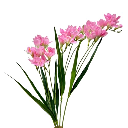 4pcs Freesias Flowers Artificial with Long Stem,24"Real Touch Dendrobium Plants Fake Orchid Leaves,Faux Larkspur Flowers for Outdoor Table Garden Party Wedding Bouquet Fillers,Patio Decor (Pink) - color: Pink