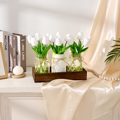 BLEUM CADE Mason Jar Centerpiece Table Decorations, Mason Jar Lights Centerpiece for Kitchen Dining Table Farmhouse Coffee Table Wedding Home Decor with 3 Jars Tulips Artificial Flowers & Wood Tray - color: White-tulips