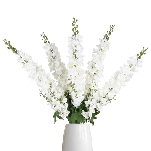 IPOPU 43.3" White Delphinium Artificial Flowers 5PCS Faux Delphinium Flowers Larkspur Long Stem Artificial Flowers for Wedding Table Centerpieces Home Garden Decor(White) - color: White