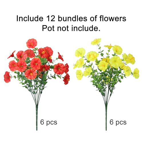 HyeFlora Artificial Flowers for Outdoors Fake Plants Outside Decoration, 12 Bundles Silk Colorful Morning Glory with Eucalyptus UV Resistant Realistic Faux Flowers for Planter Porch Patio Yard Garden - color: 2 Mixed(6 Yellow, 6 Orange)