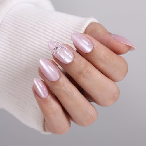32Pcs Soft Gel Press on Nails for Women, Pink Cat Eye, Short Almond | Metal Chrome Bow Art False Fake Nails Press Ons for Office Daily Wear, Salon Quality Reusable Glue & Stick on Nail Gift Kit - color: 3H-Rose Sparkle