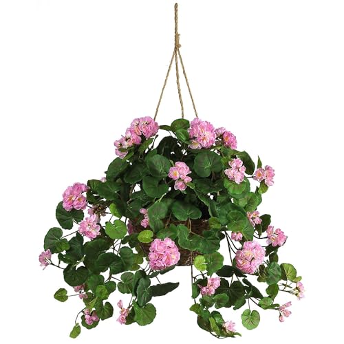 Nearly Natural 24in Artificial Geranium Hanging Basket Faux Floral Plant For Home Decor, Pink - color: Pink