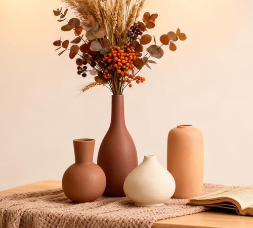 Ceramic Vase Home Decor Small Flowers Vase Set of 4 Living Room Decoration Bookshelf Bedroom Office Kitchen Dining Table Modern Farmhouse - color: 08 Reddish Brown/Orange/Brown/Beige