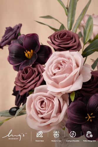 Ling's moment Artificial Flowers Fake Roses Faux Hydrangea Foam Tulip Combo for DIY Wedding Bouquets Centerpieces Arrangements Bridal Shower Party Home Decorations, Plum & Plum Lily, 27pcs - color: Prpl-plum & Plum Lily