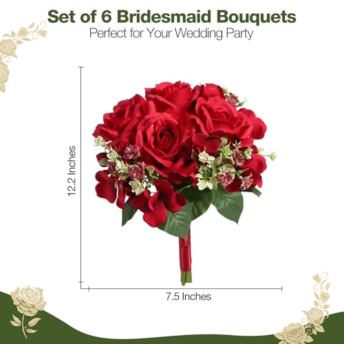 Bridesmaid Bouquets Set of 6, 7.5-Inch Wide Artificial Silk Rose & Hydrangea Wedding Bouquets for Party, Ceremony, Bridal Shower, Wedding Decor (Burgundy) - color: Burgundy