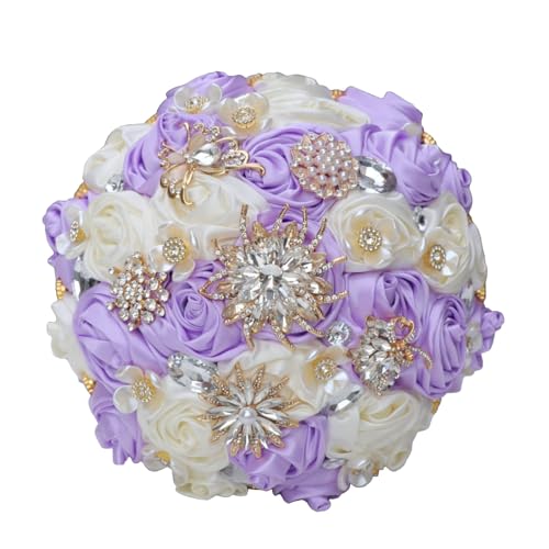 Light Purple Ivory Bridal Wedding Bouquet with Rhinestone Brooch Bouquet for Bride Bridesmaid Quinceanera Satin Rose Flower Bouquet Wedding Light Purple Lilac and Ivory 8.7in - color: Light Purple & Ivory, size: Diameter: 8.7 inches