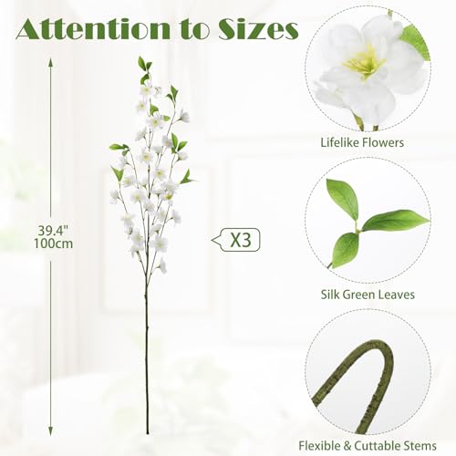 3 Pcs White Cherry Blossom Branches 39.4" Silk Flowers with Stems Long Stem Artificial Flowers for Spring Summer Indoor Decoration Faux Flower for Vase Arrangements Table Centerpiece Wedding Decor - color: White