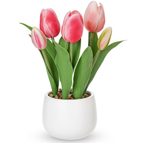 Hollyone Pink Tulips Artificial Flowers in Vase Fake Tulips Silk Flowers Arrangements Faux Tulip Bulbs with Ceramic Pot Tulip Potted Plants Floral Bouquet for Home Decor Table Centerpiece Decorations - color: Small - Pink