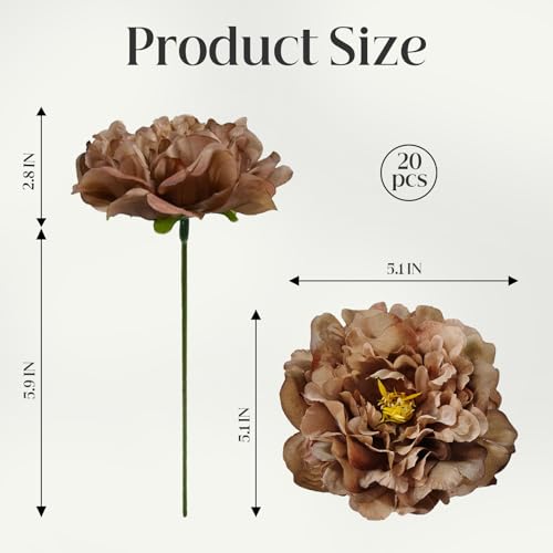 20 Pcs Artificial Flower Peonies, 5" Silk Fake Peonies with 6" Stems No Leaf, Faux Peonies Flowers for Decoration Wedding Home Party Centerpiece Decor Floral Art (Coffee) - color: Coffee