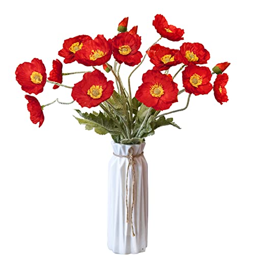 Artificial Flowers 5Pcs Poppies Flowers Artificial Silk Flowers for Home Office Wedding Outdoor Decor (Red) - color: Red