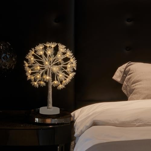 Hairui Lighted Tabletop Tree with Timer 18IN, Faux Dandelion Tree with Lights Battery Operated and USB Plug in for Room Fireplace Table Thanksgiving Christmas Decoration Inside - color: White