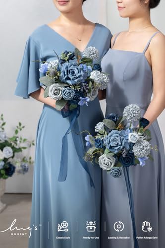 Ling's moment Artificial Bridesmaid Bouquets Set of 4,Navy Blue Wedding Flower Bouquets Dusty Blue Rose Floral Bouquet Bridal Bouquets with Ribbon,Ceremony,Anniversary,7-inch Diameter - color: Blu-navy Blue & Dusty Blue
